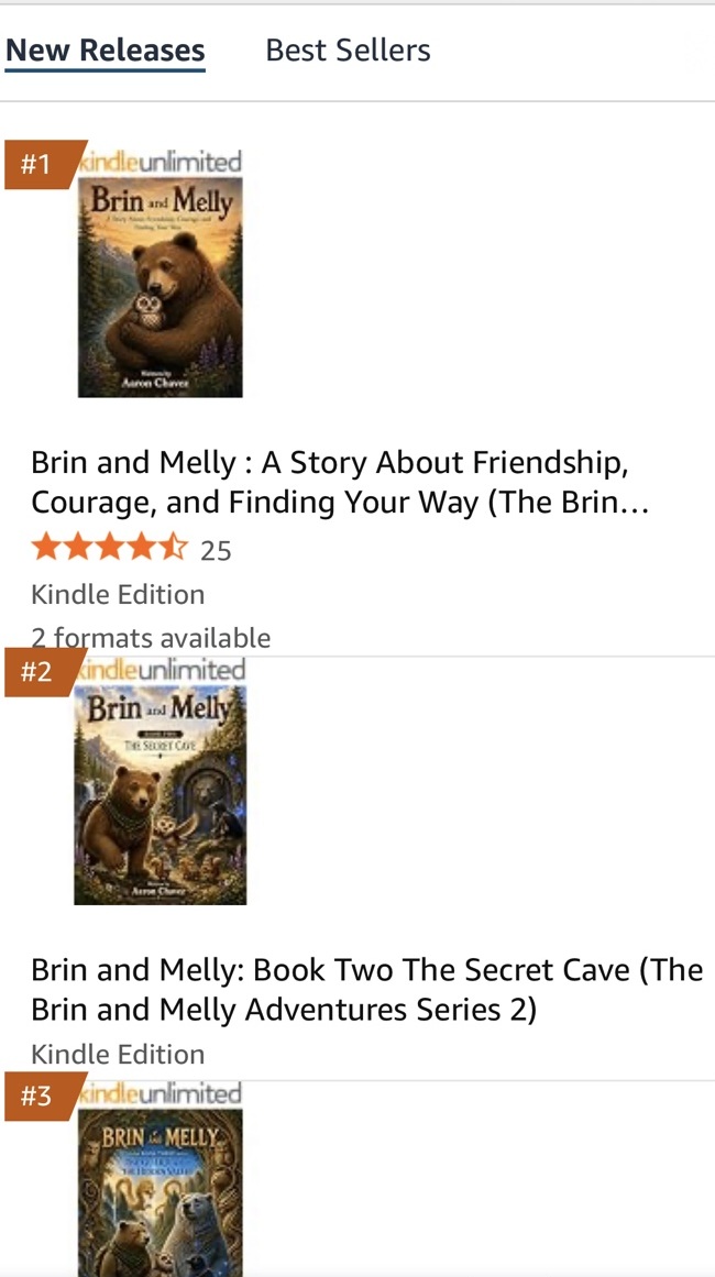 Amazon New Releases screenshot showing Brin and Melly at number one, The Secret Cave at number two, and the third book at number three